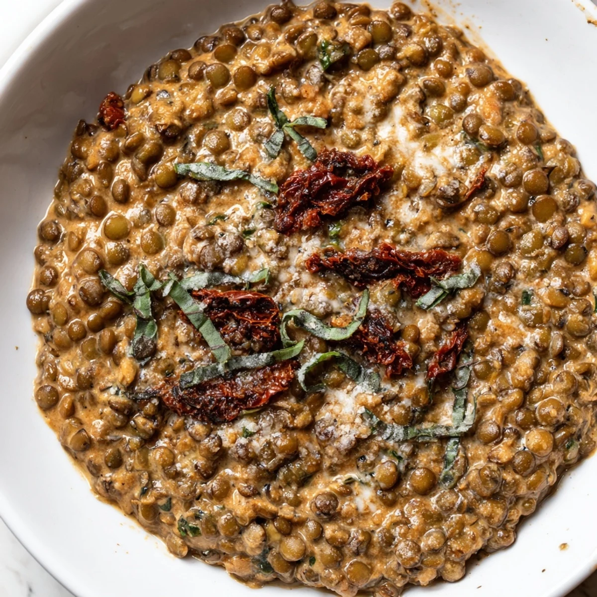 Creamy Marry Me Lentils swimming in rich sun-dried tomato sauce topped with fresh basil