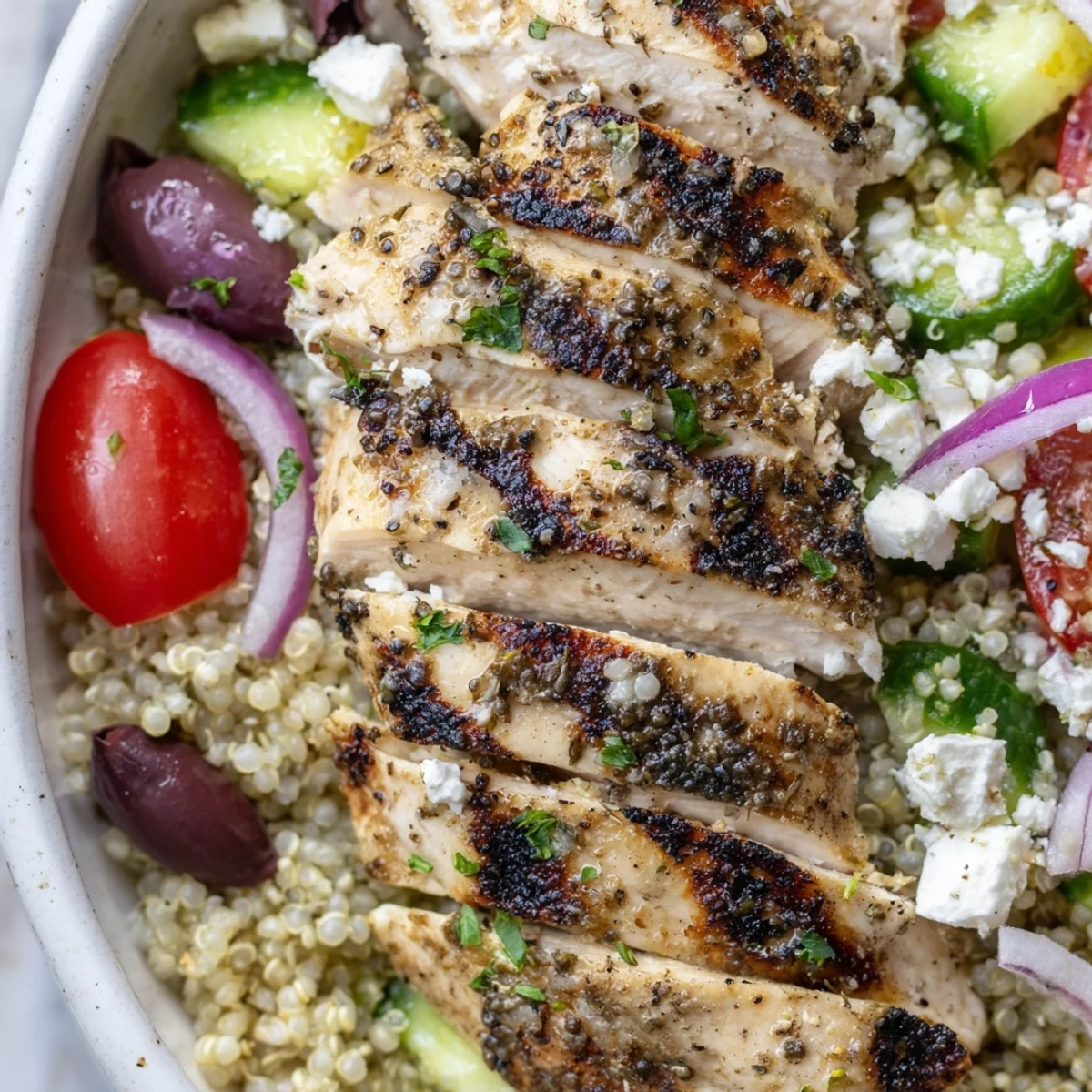 Mediterranean chicken quinoa bowl topped with juicy grilled chicken, fresh cucumbers, and crumbled feta cheese