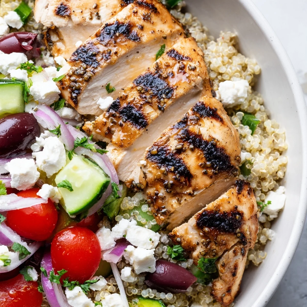 Colorful Mediterranean chicken quinoa bowl with cherry tomatoes, Kalamata olives, and bright herbs served warm