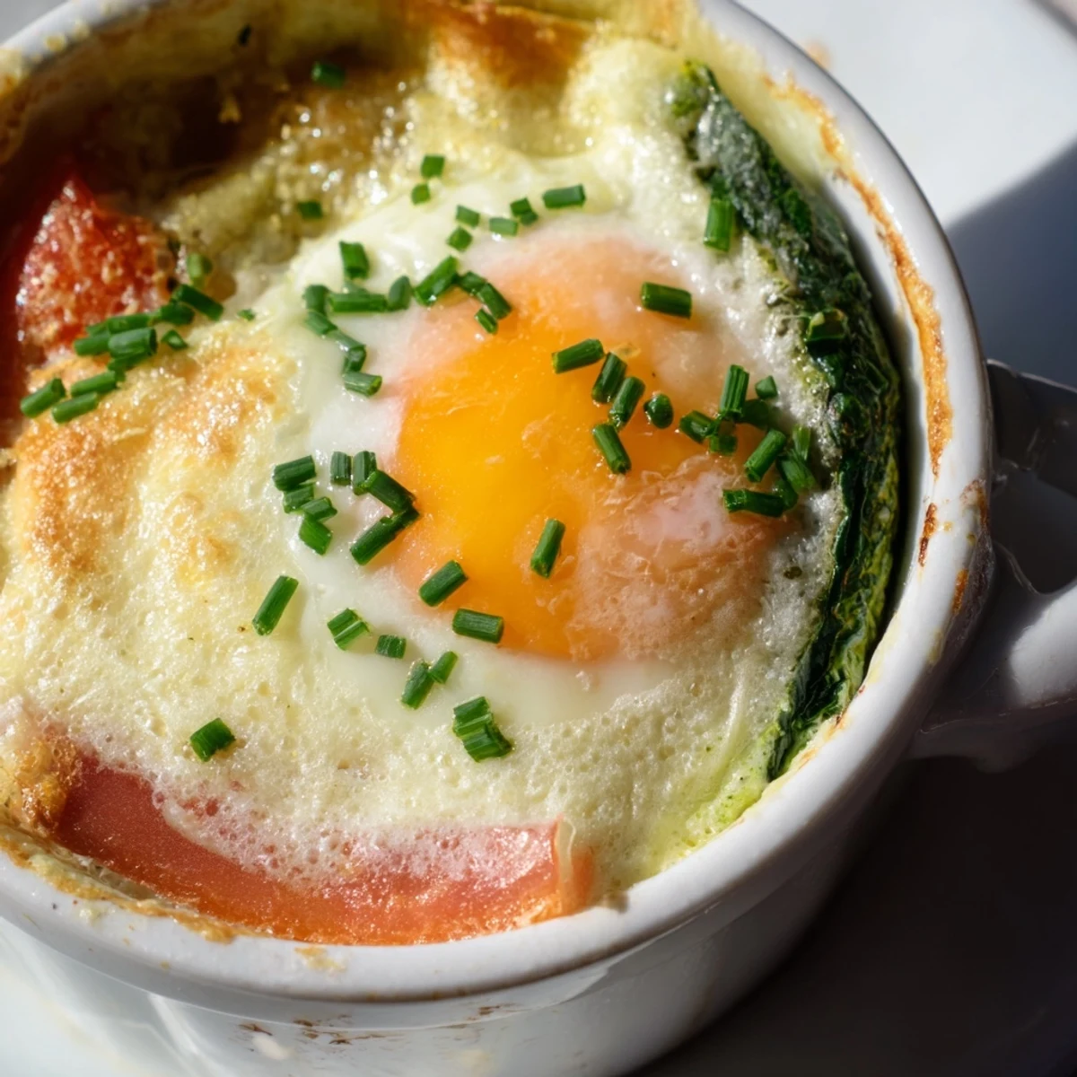 Golden Baked Eggs Napoleon with runny yolks nestled in creamy Gruyère sauce and vegetables