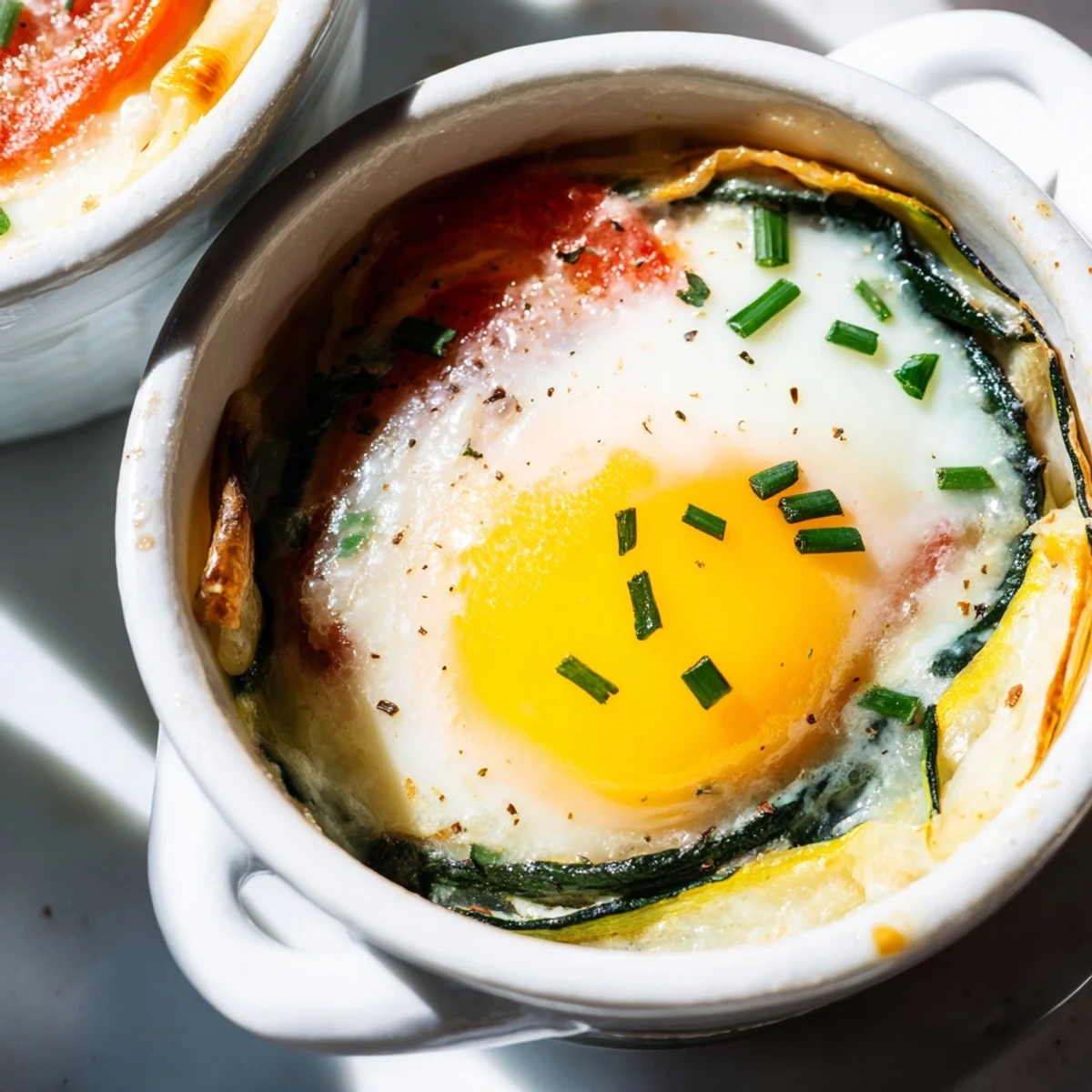 Layered Baked Eggs Napoleon featuring tender spinach, ham, and rich cheese sauce in ramekin
