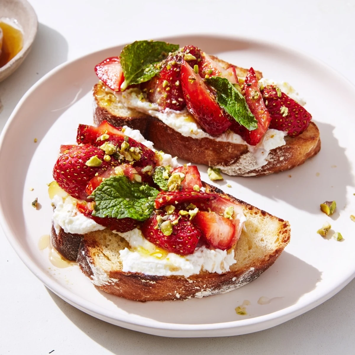 Creamy whipped ricotta toast topped with caramelized roasted strawberries and fresh mint garnish