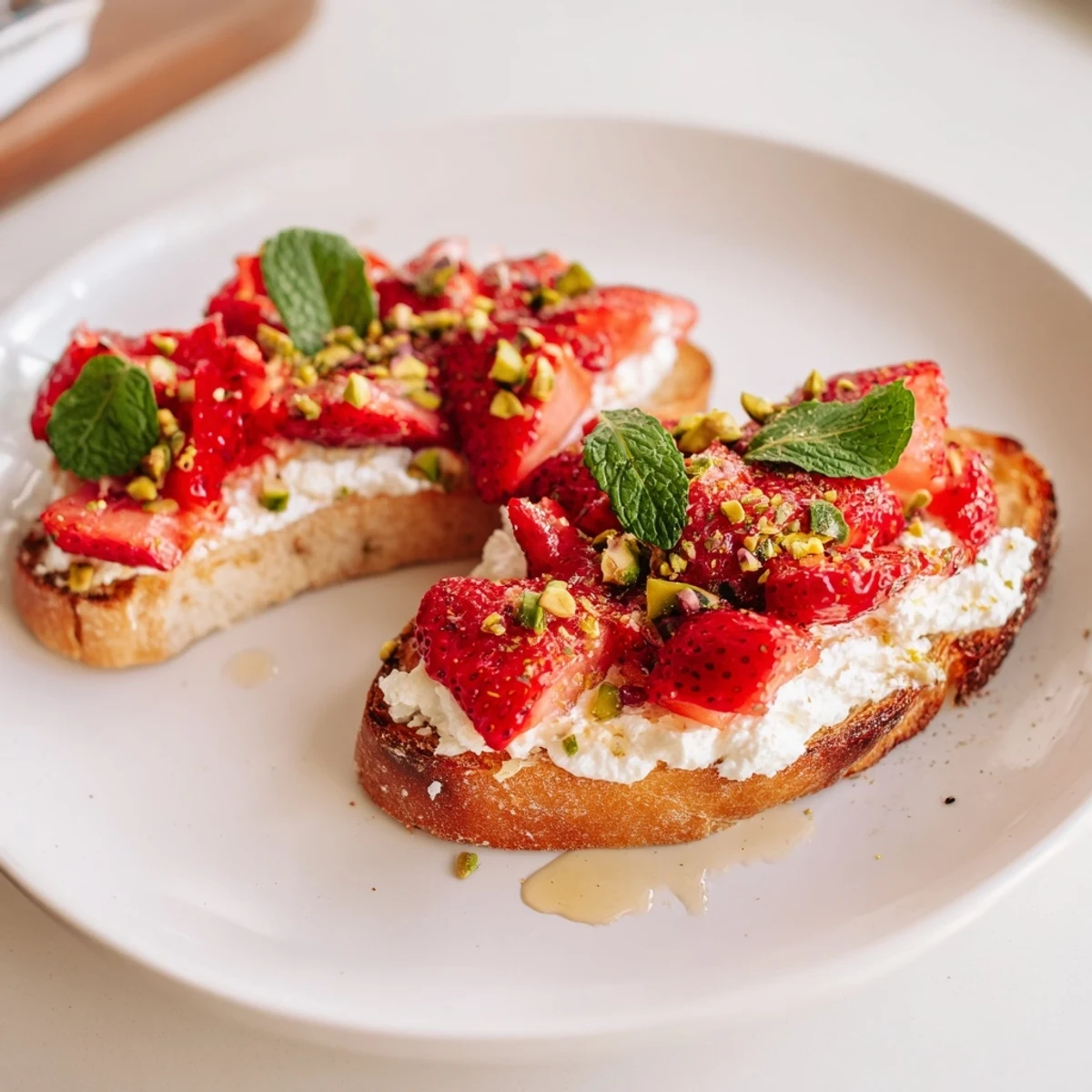 Golden sourdough slice spread with fluffy whipped ricotta and drizzled roasted strawberry topping