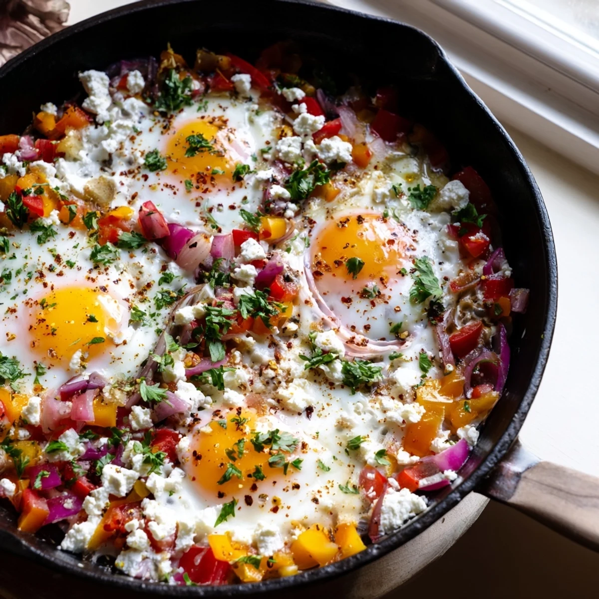 Creamy baked feta eggs with roasted peppers and tomatoes in a cast iron skillet