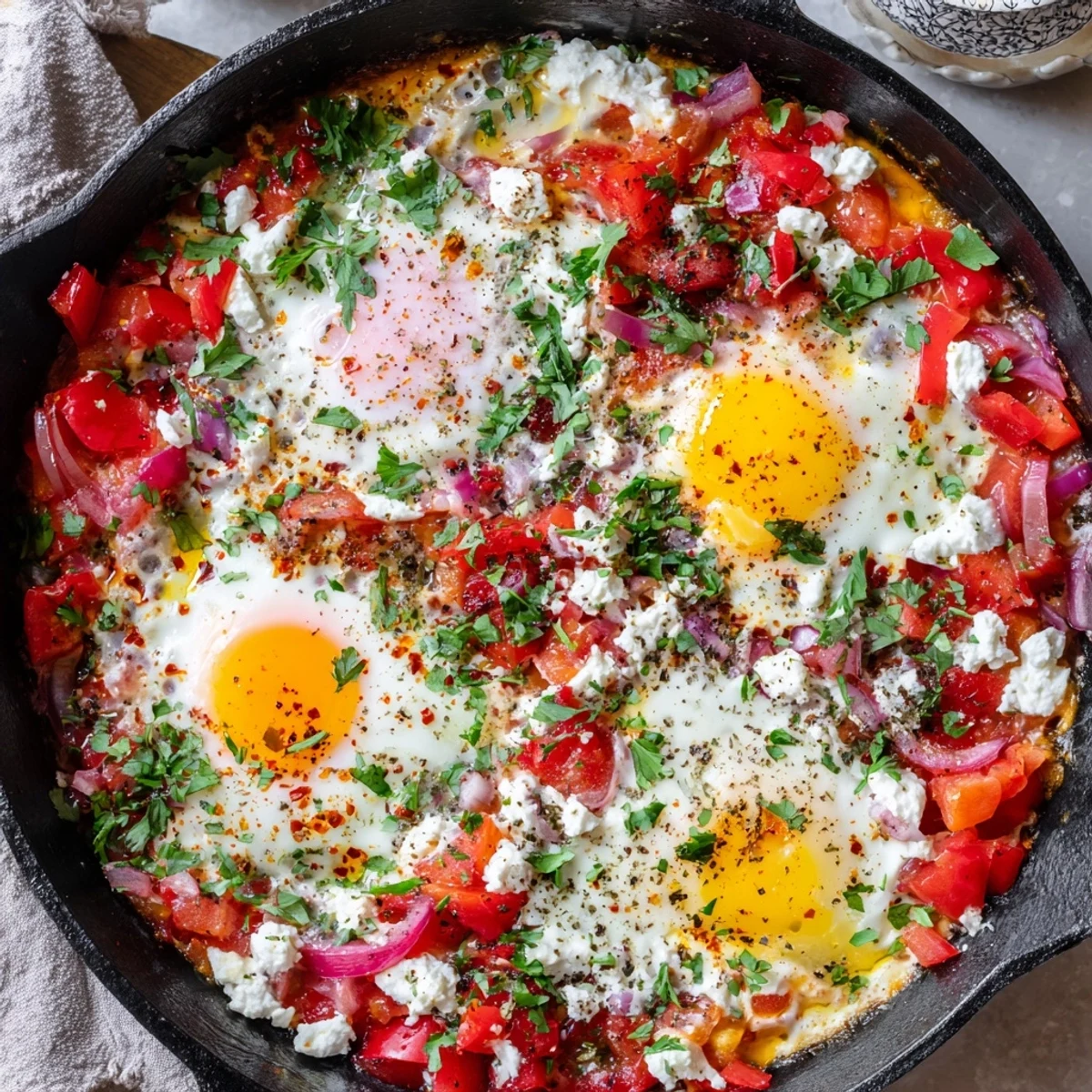 Golden baked feta eggs topped with fresh parsley and red pepper flakes