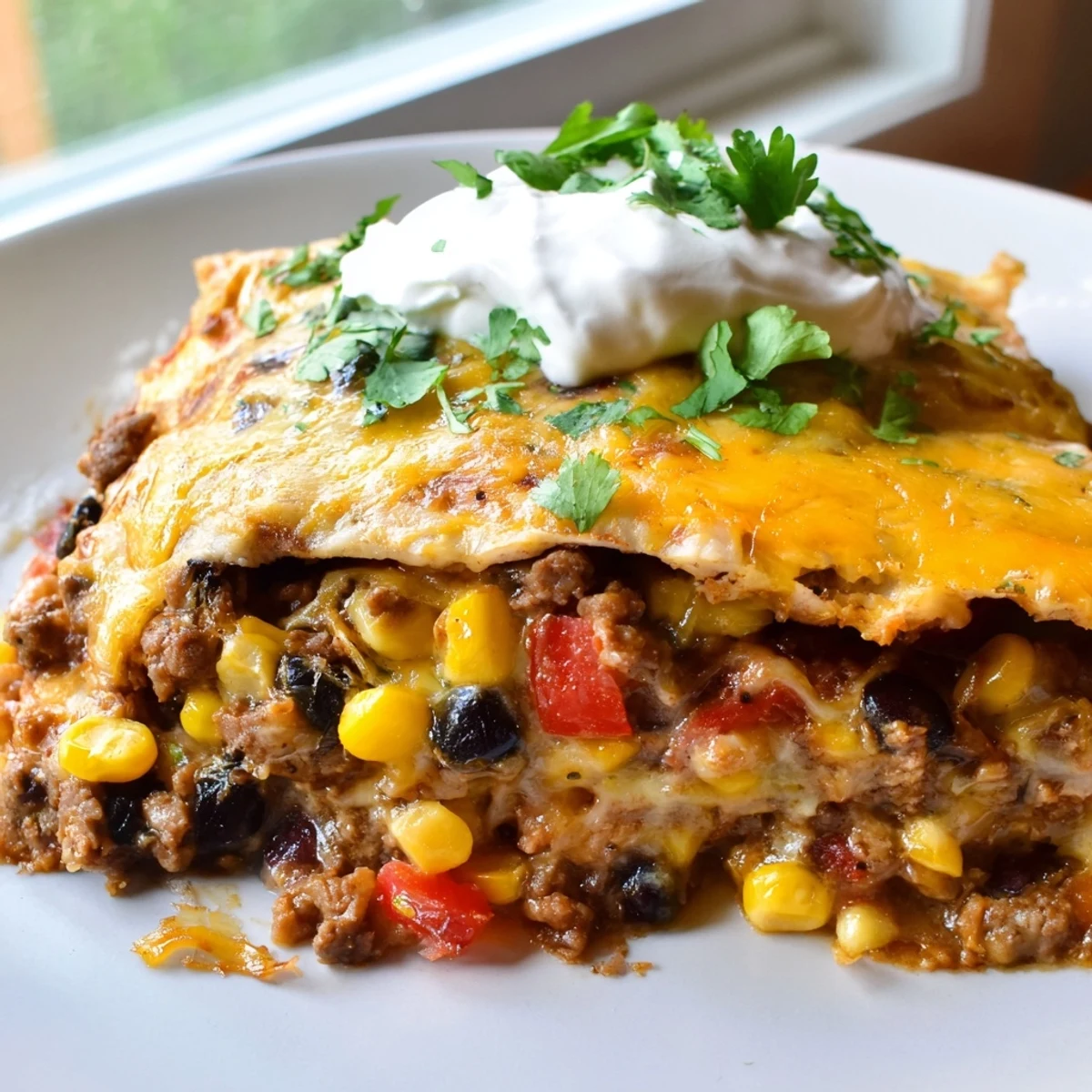 Golden bubbling Mexican lasagna with layers of seasoned beef, beans, and melted cheese