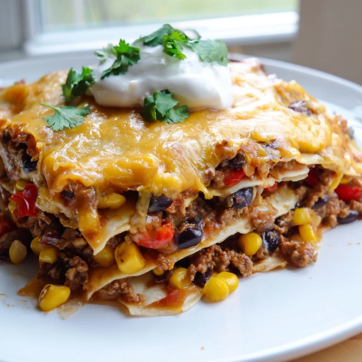 Mexican lasagna fresh from the oven topped with jalapeños and chopped cilantro