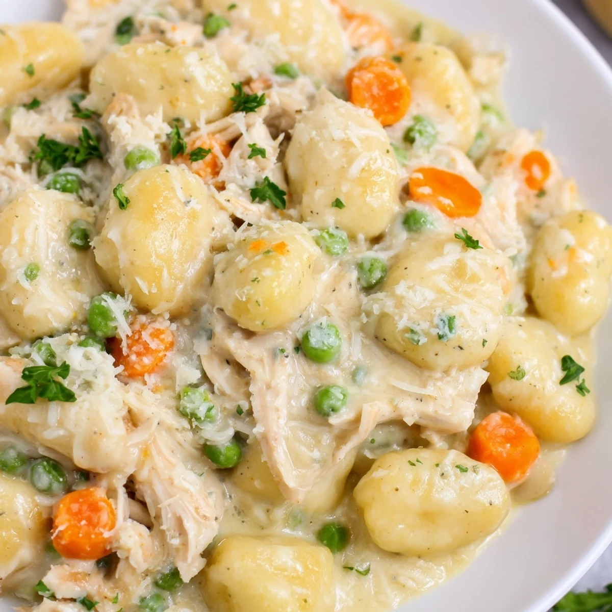 Creamy one pot gnocchi chicken pot pie served in a rustic skillet with tender vegetables and golden sauce