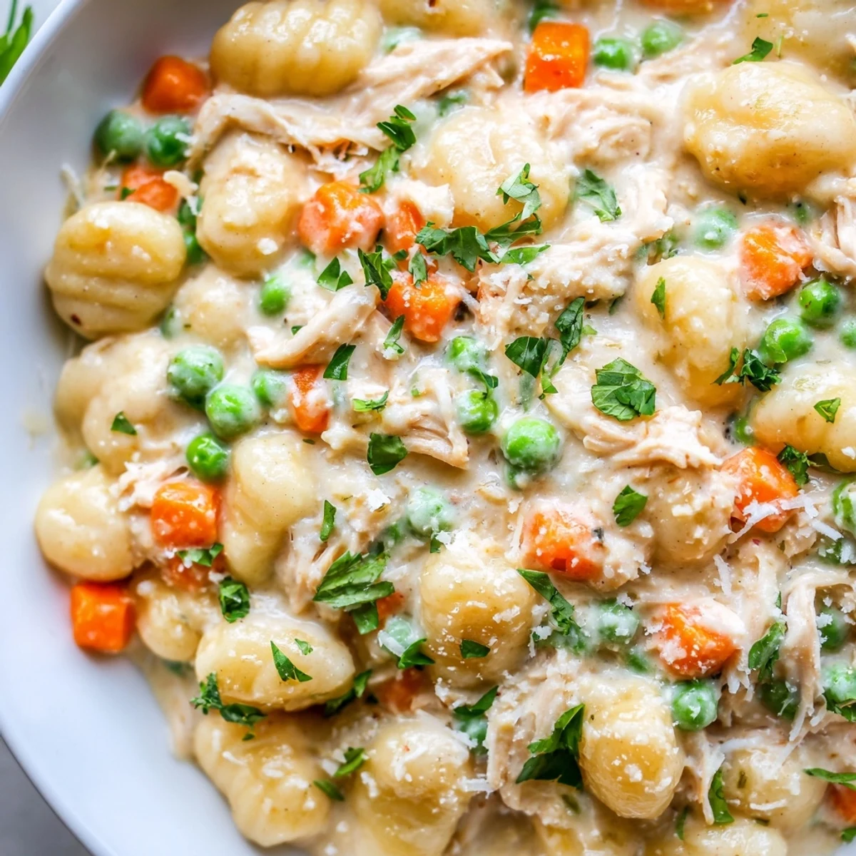 One pot gnocchi chicken pot pie topped with fresh parsley in a warm creamy sauce