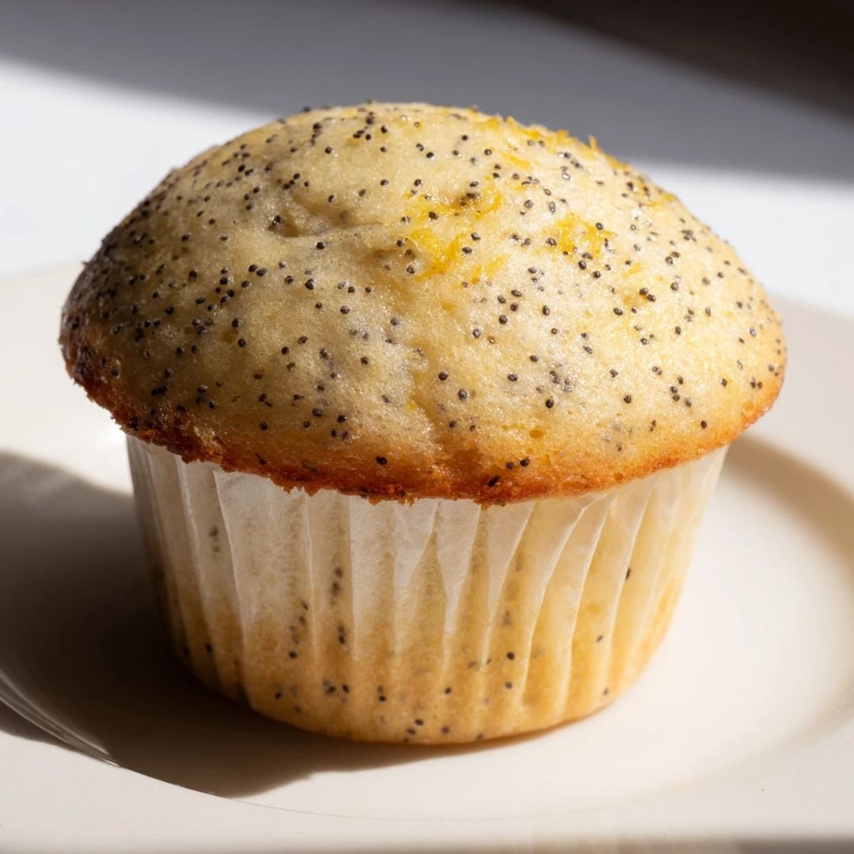 Golden lemon poppy seed muffins with domed tops cooling on a wire rack