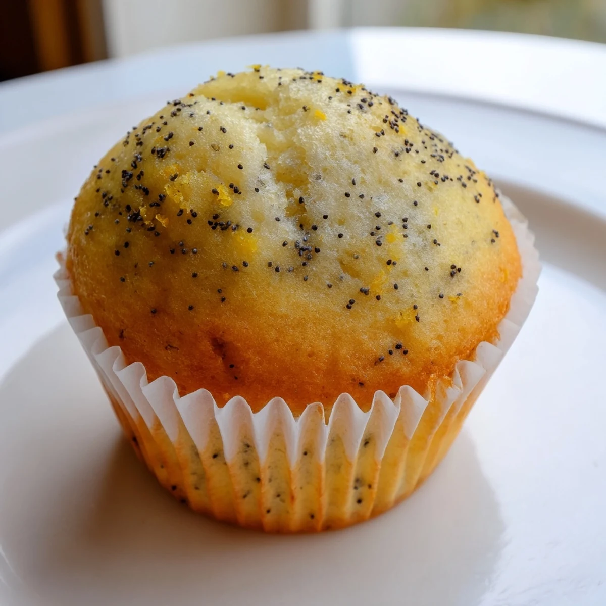 Moist lemon poppy seed muffins speckled with zest and ready for breakfast