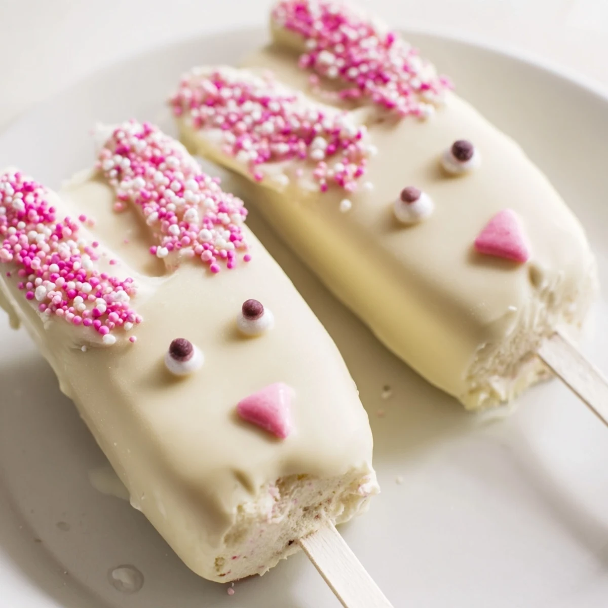 Adorable white chocolate bunny cakesicles decorated with candy eyes on a rustic wooden serving board
