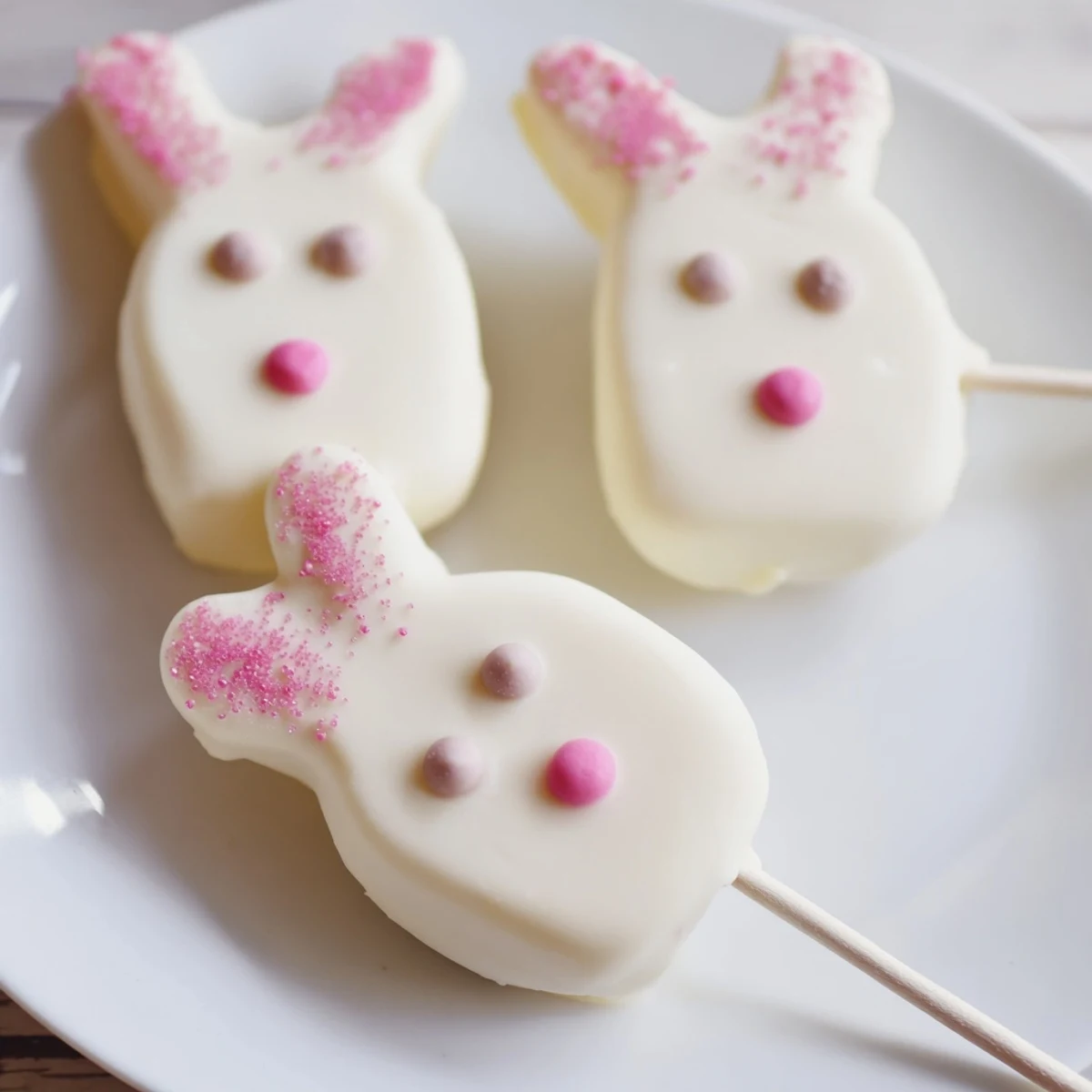Creamy white chocolate bunny cakesicles featuring pink fondant ears and colorful Easter sprinkles