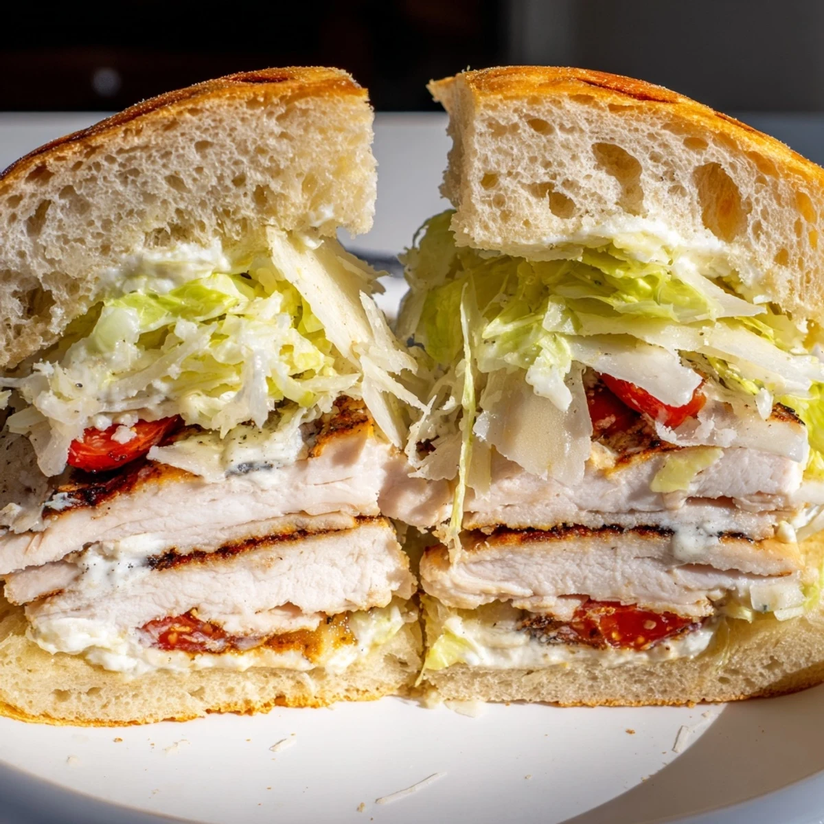 Golden grilled chicken Caesar sandwich piled high with crisp romaine and creamy dressing on toasted ciabatta