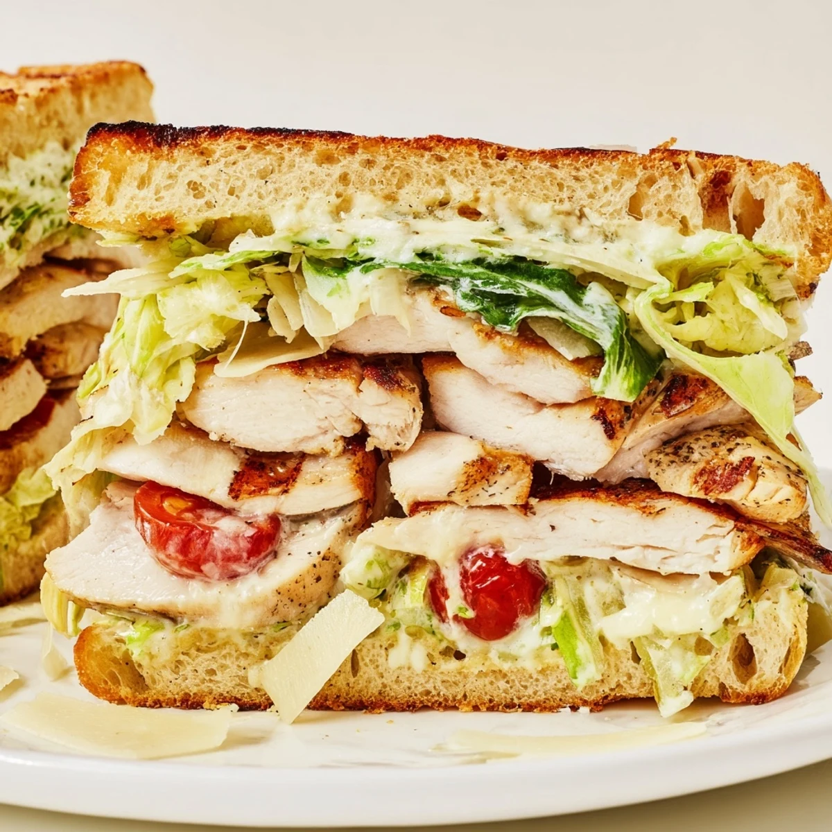 Savory chicken Caesar sandwich featuring tender sliced breast, shaved Parmesan, and fresh lettuce on crusty bread