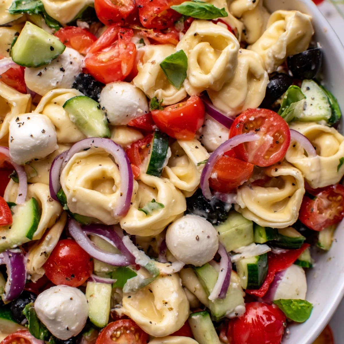 Colorful tortellini salad tossed with cherry tomatoes, cucumber, and tangy Italian vinaigrette in a bowl