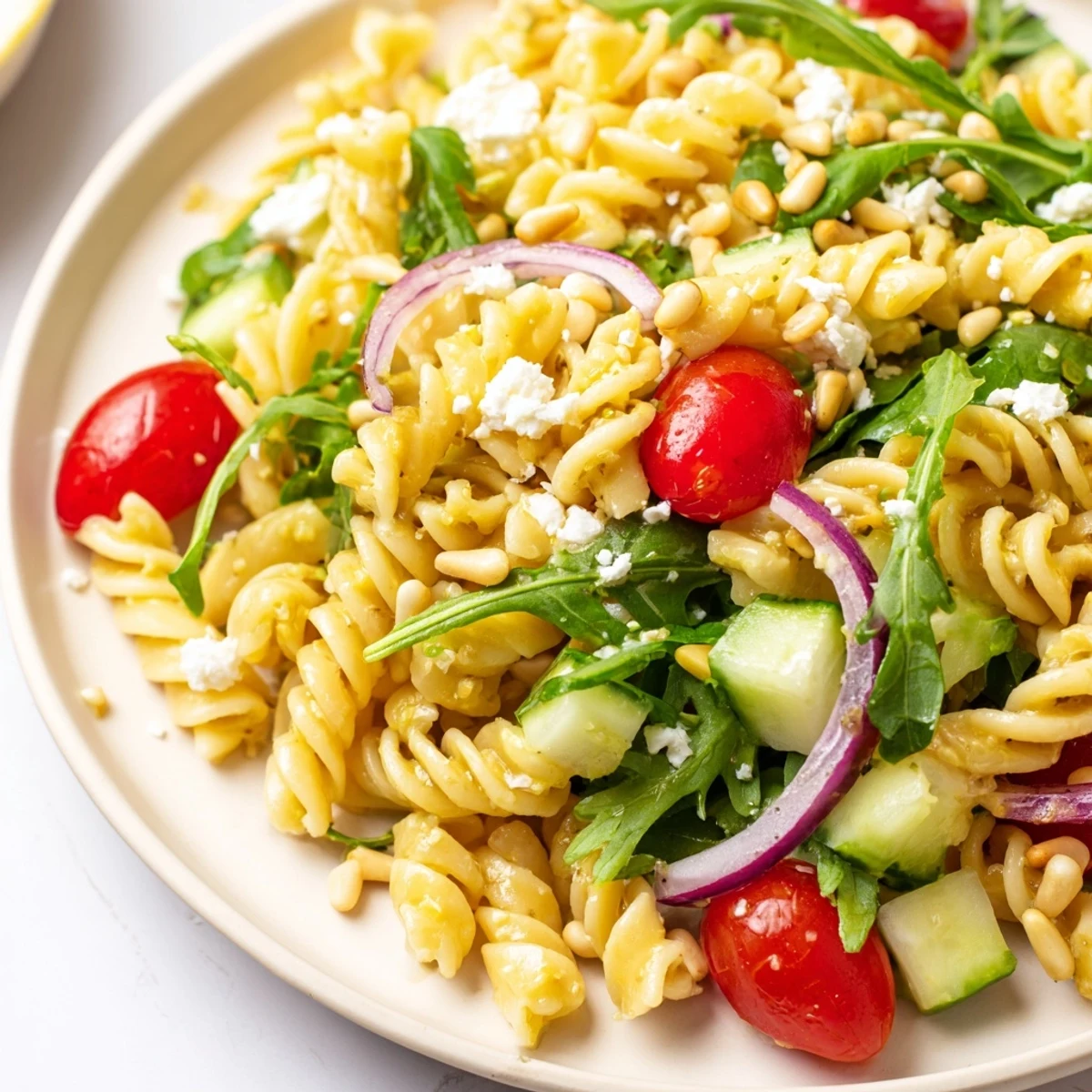 Bright lemon arugula pasta salad tossed with juicy tomatoes and creamy feta cheese