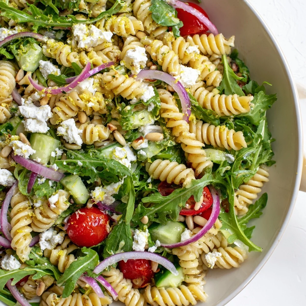 Zesty quick lemon arugula pasta salad served in a bowl with fresh vegetables