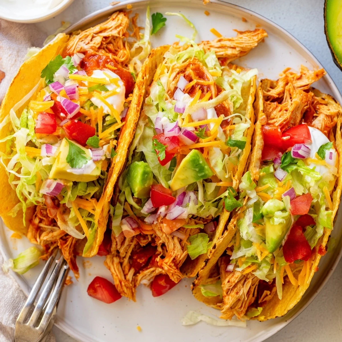 Juicy slow cooker shredded chicken tacos loaded with fresh toppings in crispy corn shells