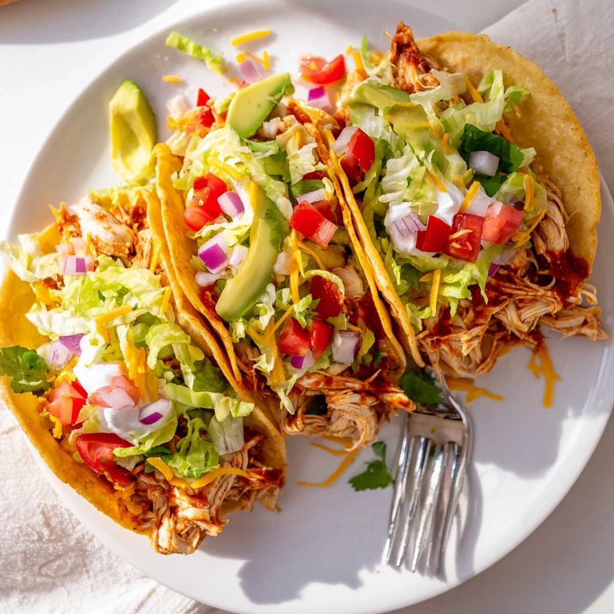 Tender shredded chicken tacos with melted cheese, lettuce, and creamy avocado garnish