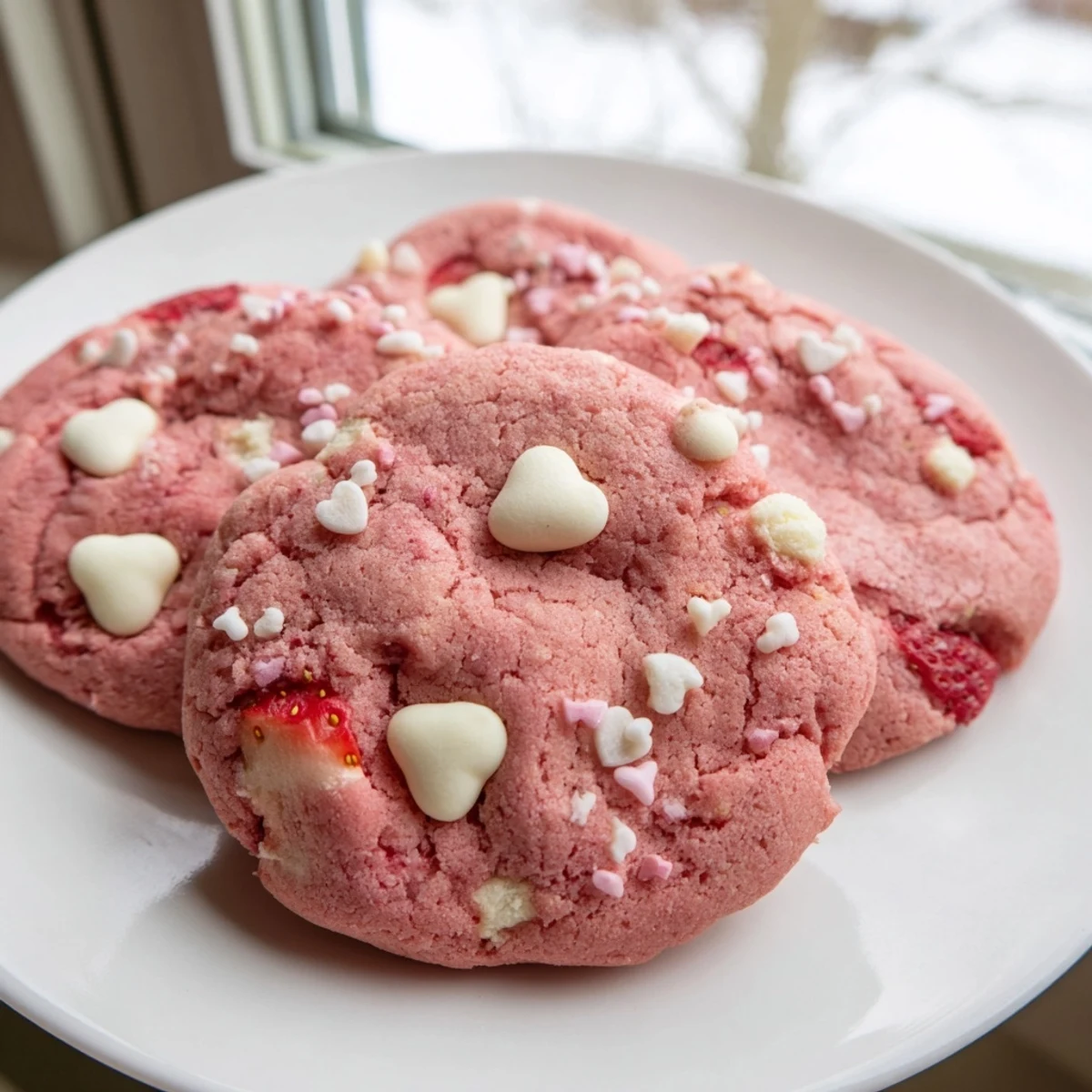 Soft pink Valentine Strawberry Cookies with white chocolate chips on a rustic baking sheet