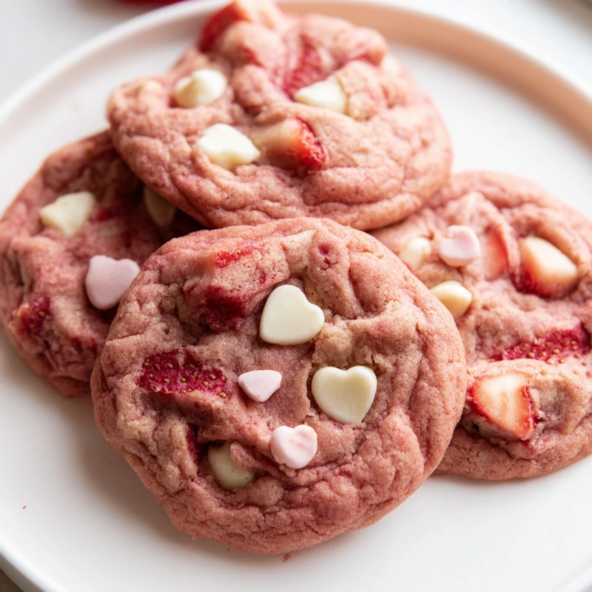 Chewy Valentine Strawberry Cookies topped with heart-shaped sprinkles for a romantic dessert