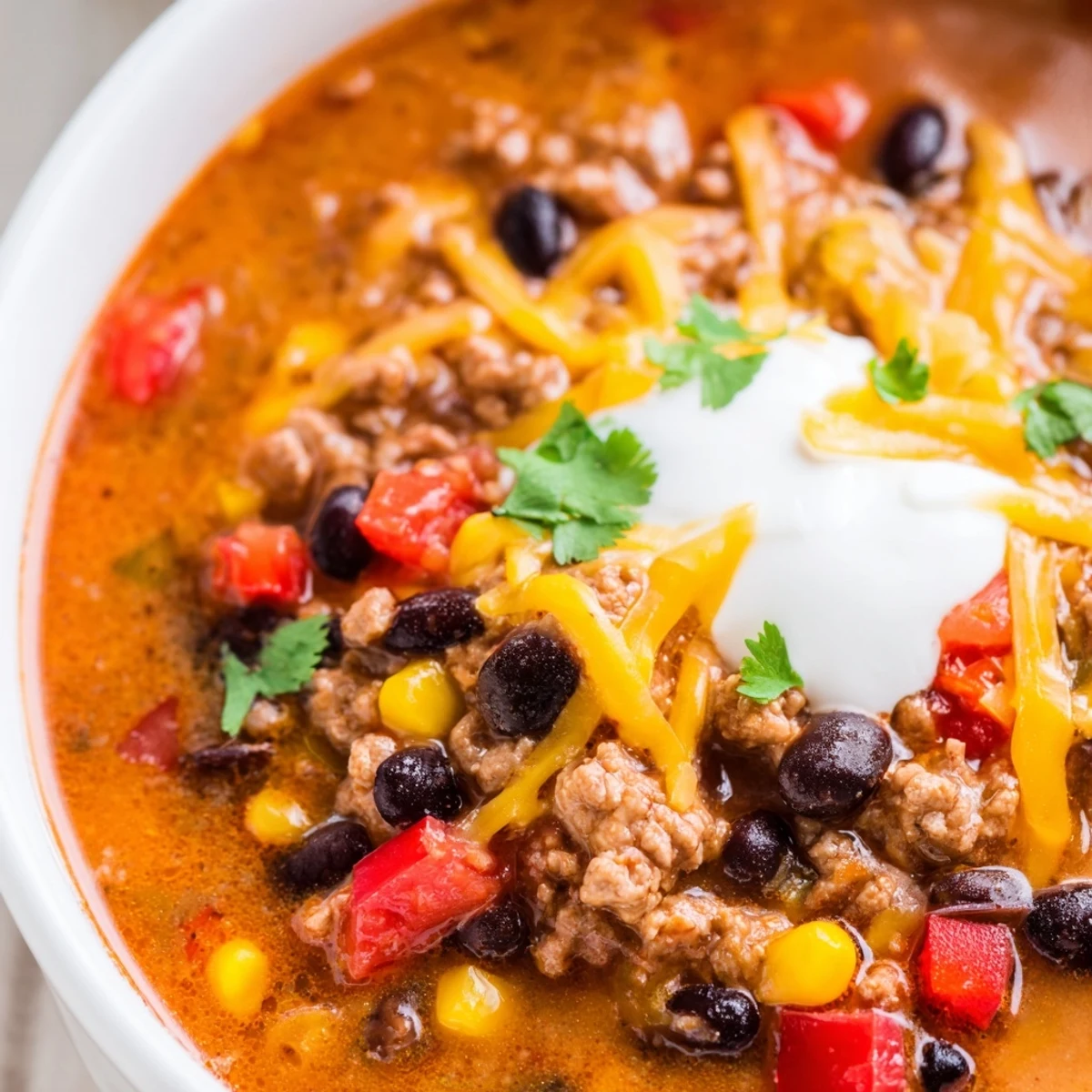 Steaming bowl of Crockpot Ground Beef Taco Soup topped with melted shredded cheese