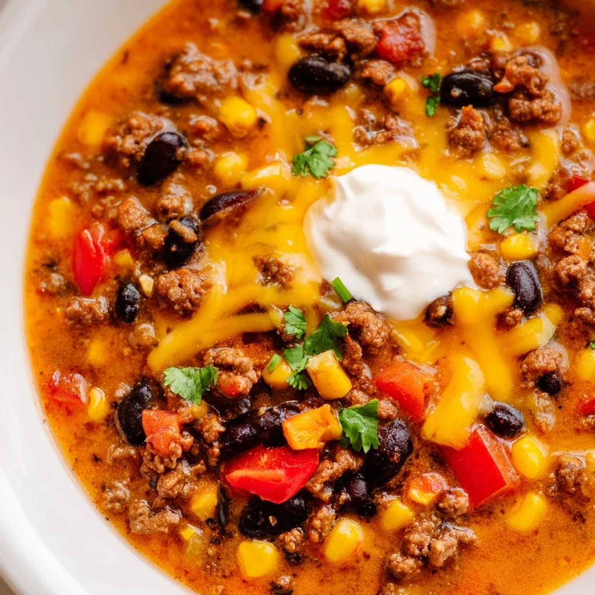 Hearty Crockpot Ground Beef Taco Soup loaded with tender beans and sweet corn