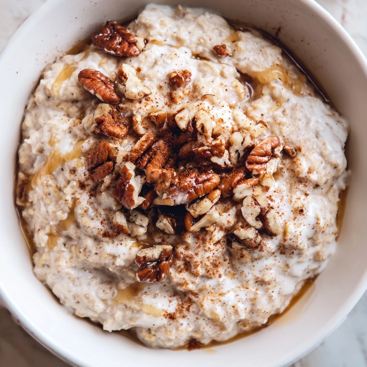 Creamy maple cinnamon pecan overnight oats served in a glass jar topped with crunchy nuts