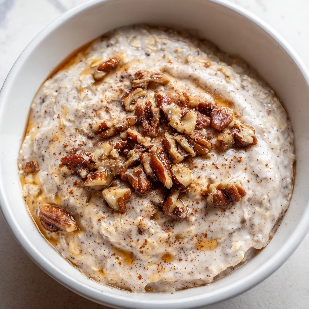 Maple cinnamon pecan overnight oats with velvety texture drizzled in sweet syrup and toasted pecans