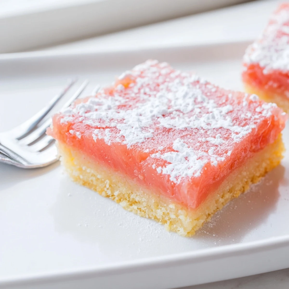 Bright pink grapefruit bars dusted with powdered sugar on a rustic cutting board