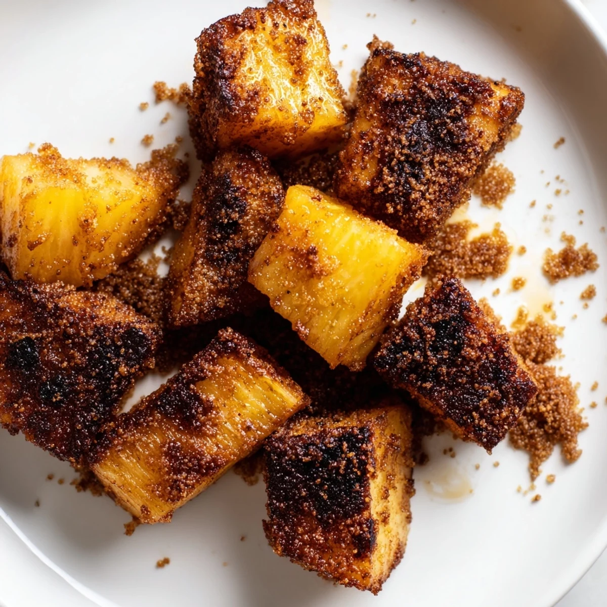 Golden caramelized air fryer pineapple chunks with crispy edges on a rustic plate