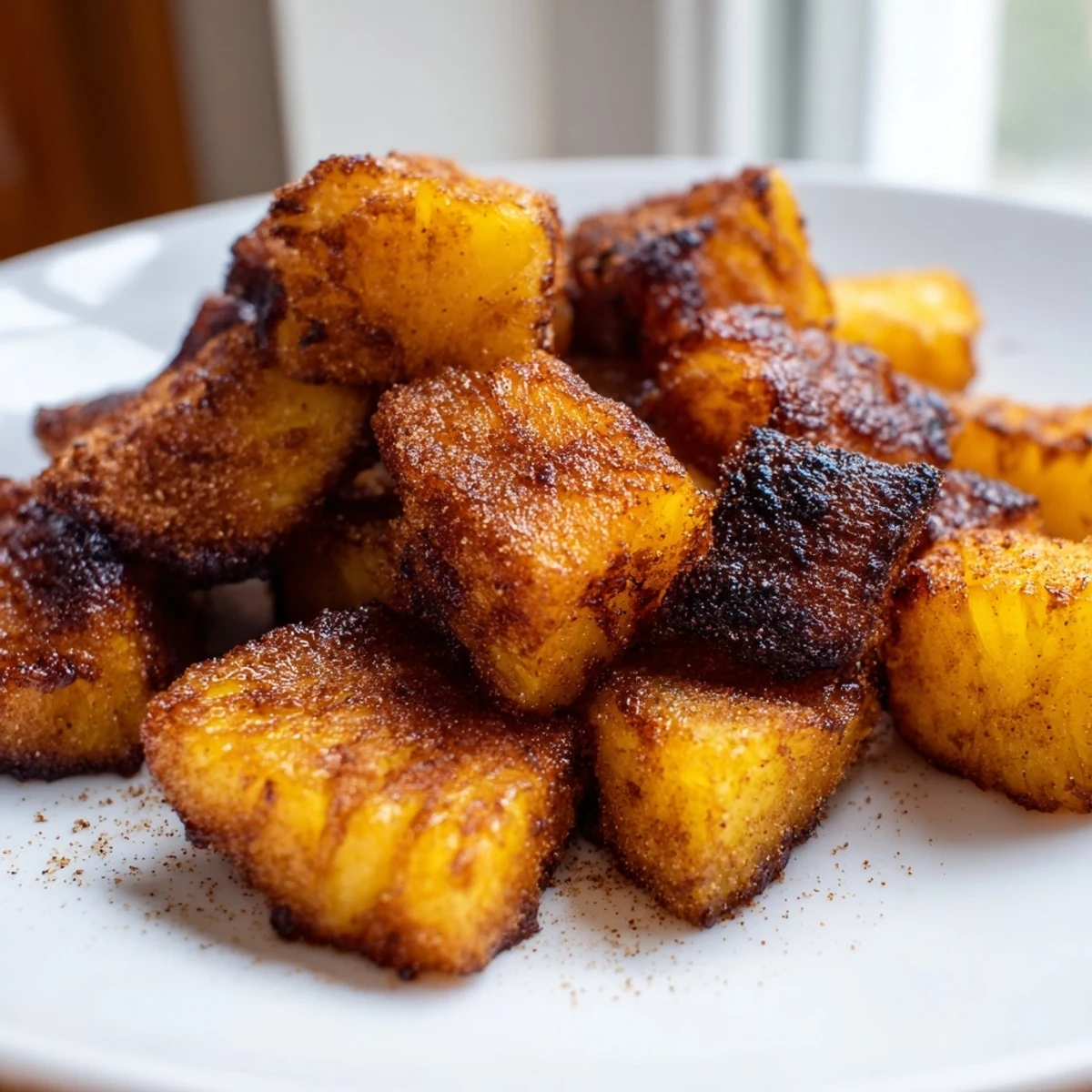 Tender air fryer pineapple chunks topped over creamy yogurt in a bowl