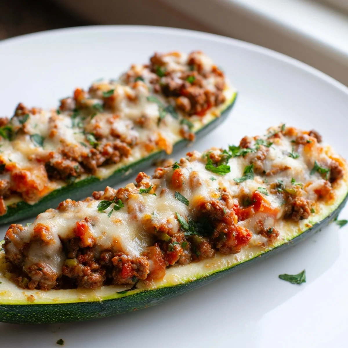 Golden baked stuffed zucchini boats with ground beef topped with bubbling melted mozzarella cheese
