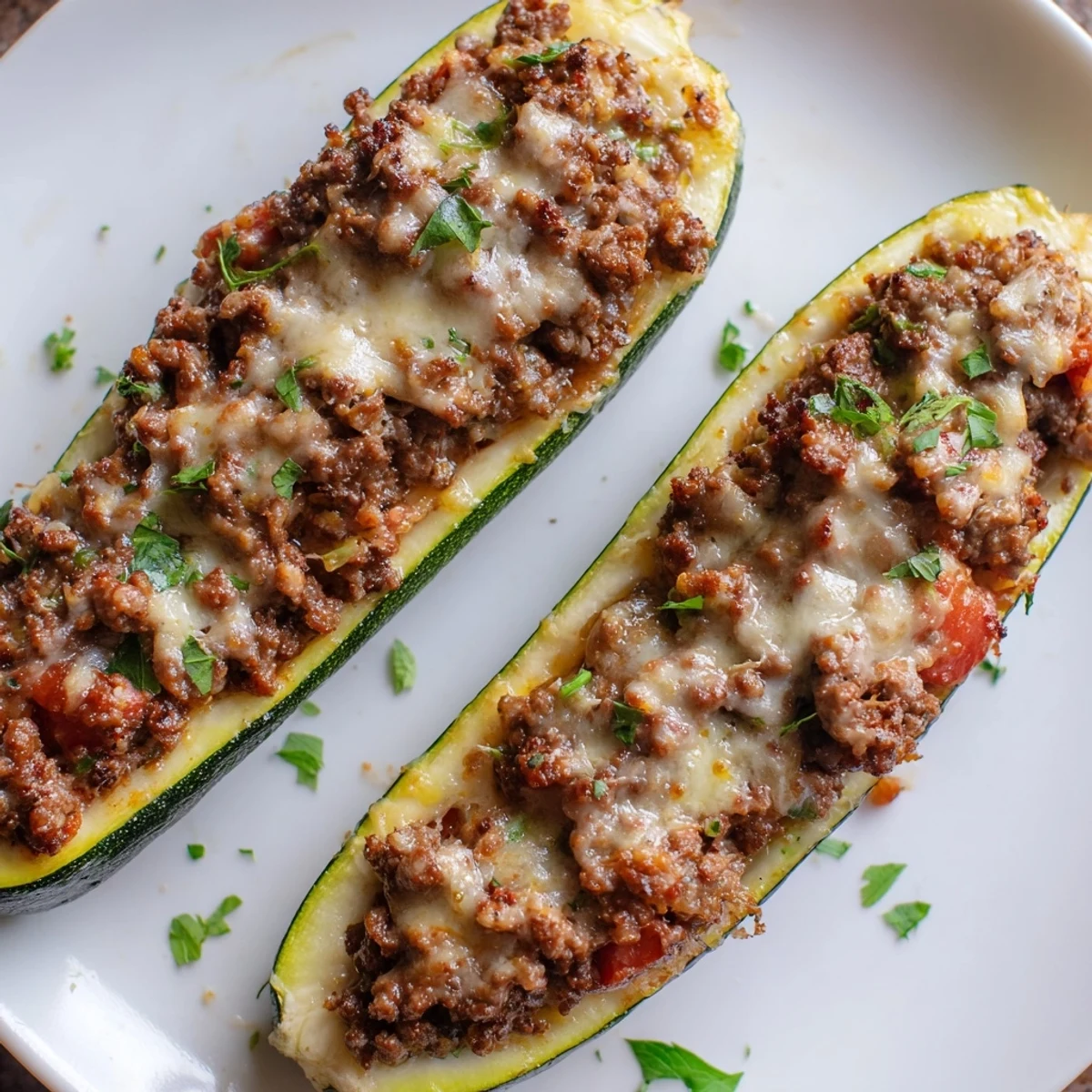 Stuffed zucchini boats with ground beef overflowing with herbed tomato filling fresh from oven
