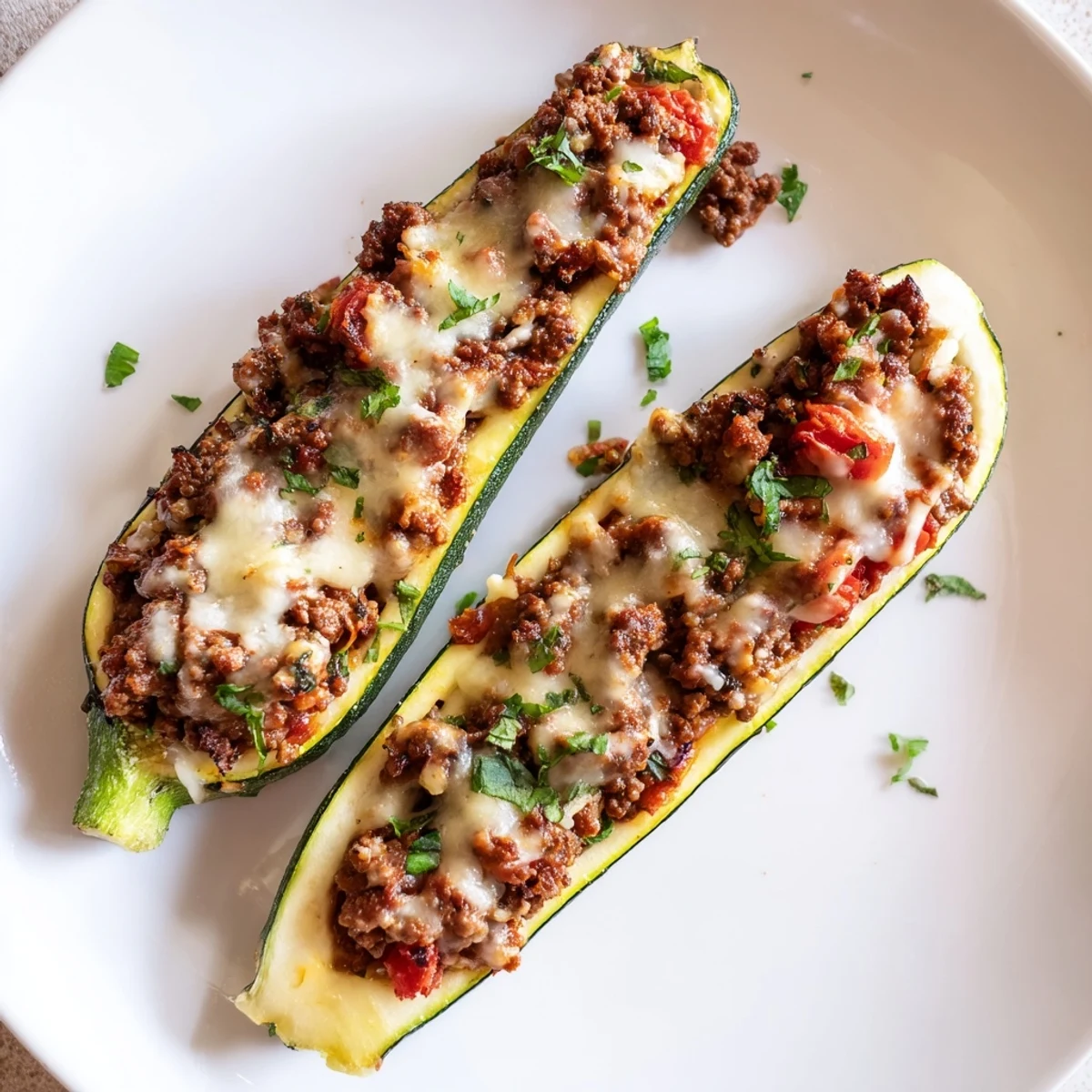 Cheesy stuffed zucchini boats with ground beef garnished with parsley on a white plate