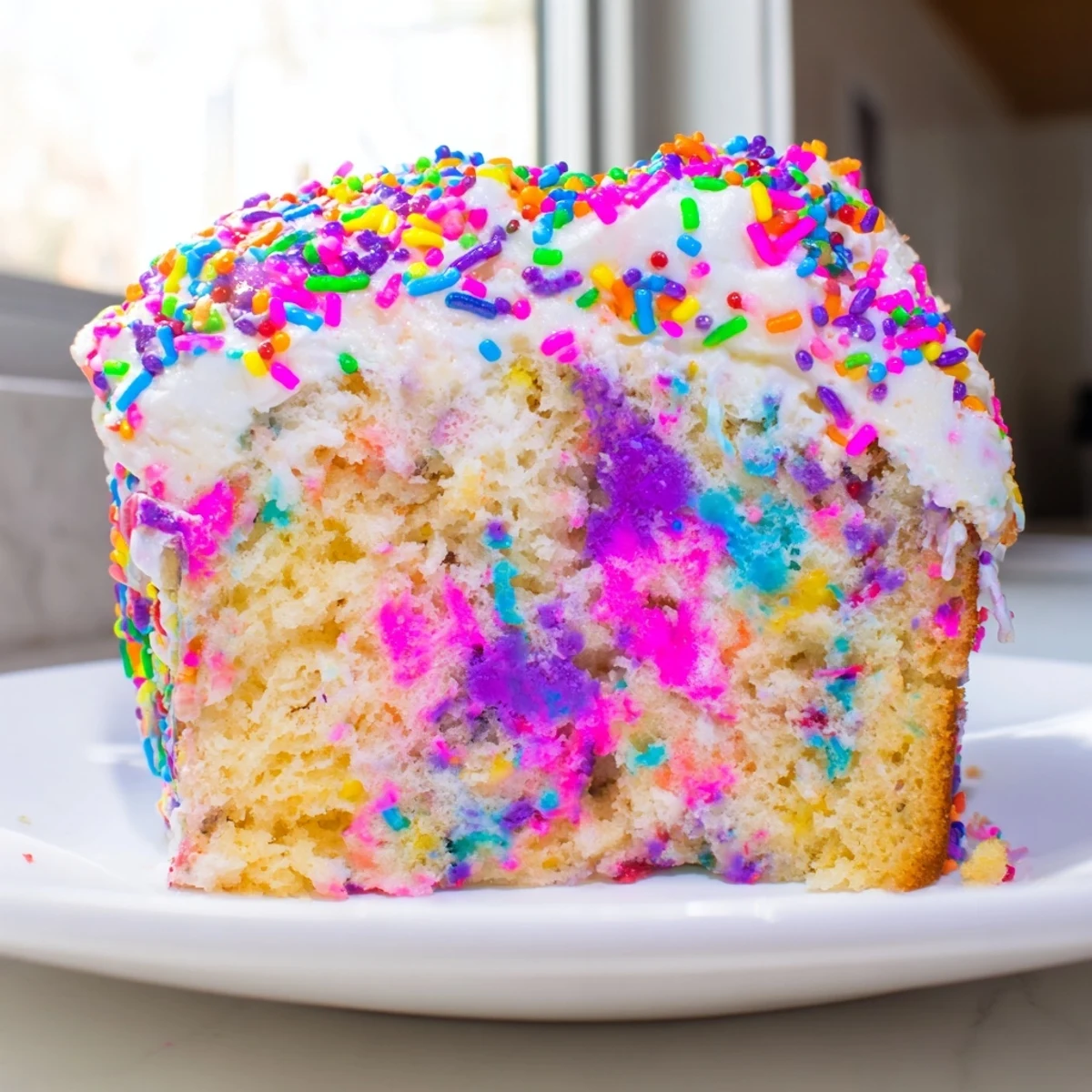 Colorful unicorn poke cake with rainbow pudding swirls topped with fluffy whipped cream and sprinkles