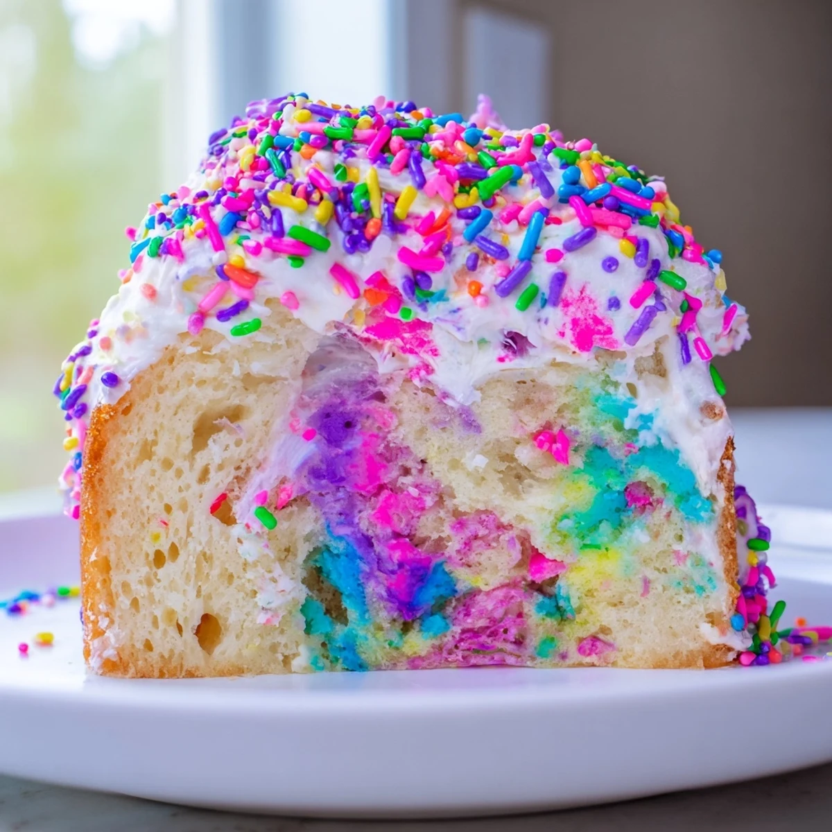 Slice of unicorn poke cake revealing vibrant pink purple blue and yellow pudding filling