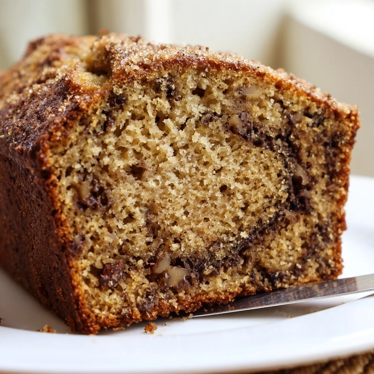 Warm slice of super moist banana bread topped with chopped walnuts on a rustic cutting board