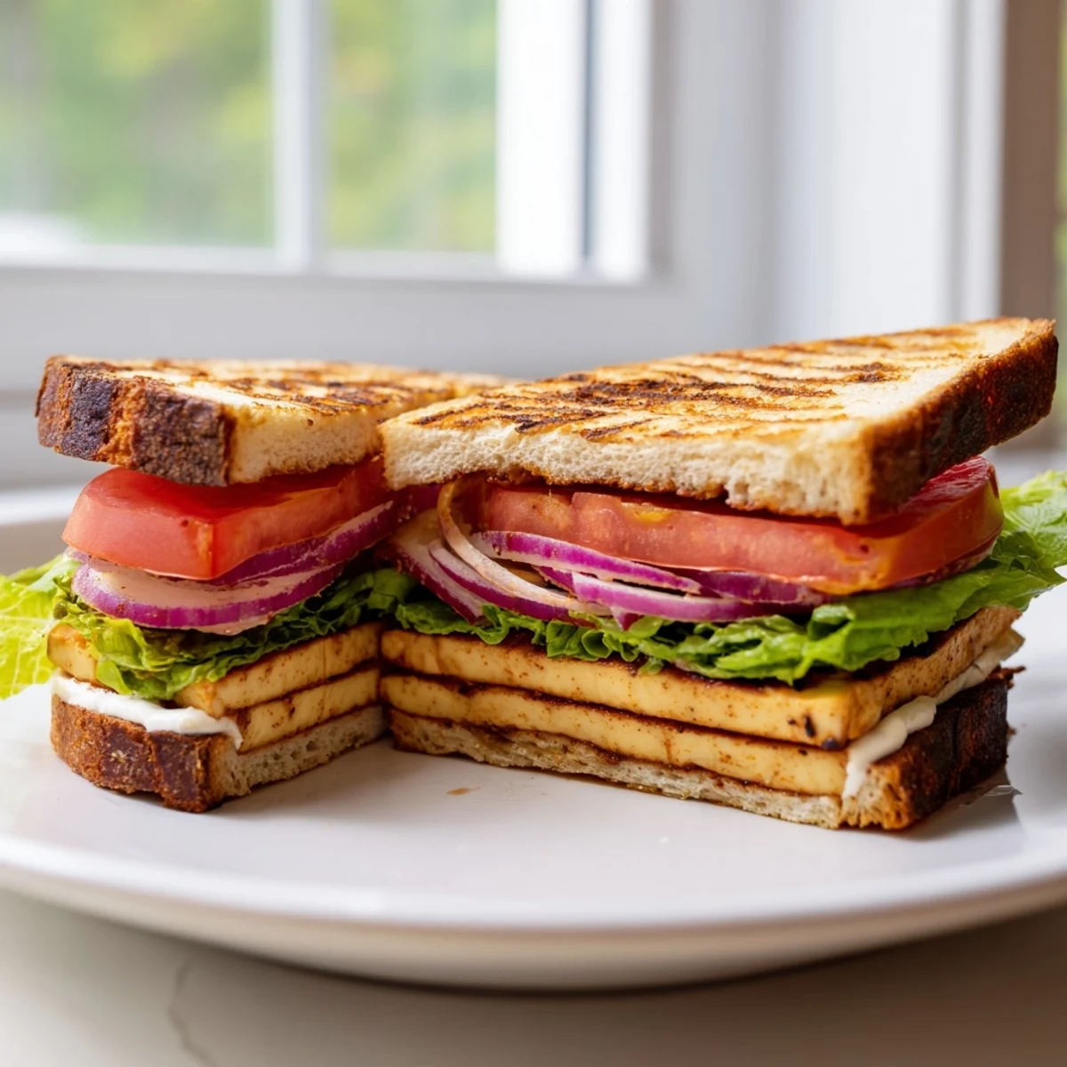 Smoky Tofu Lettuce Tomato Sandwich served on toasted sourdough with juicy red tomatoes