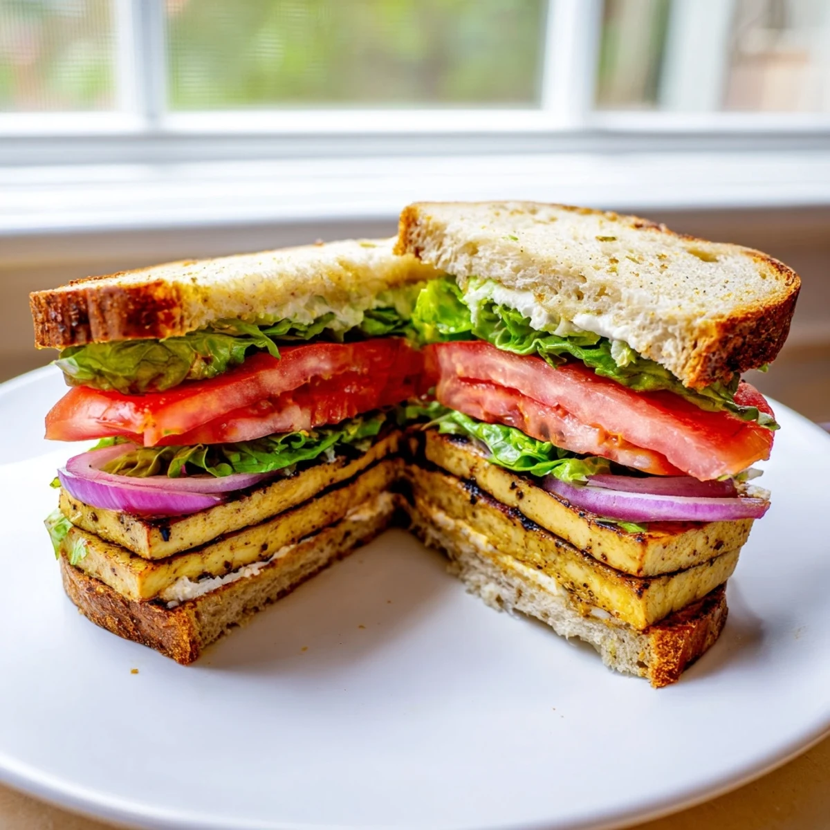 Crisp lettuce and golden smoky tofu layered between slices of hearty whole grain bread