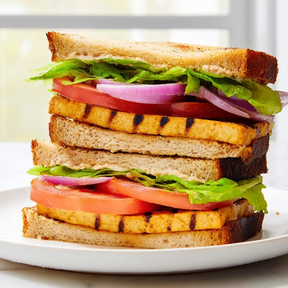 Smoky Tofu Lettuce Tomato Sandwich cut in half showing tender marinated tofu and fresh lettuce
