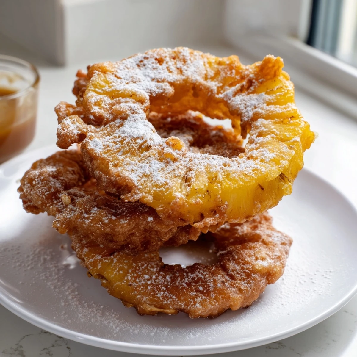 Golden fried pineapple rings dusted with powdered sugar on a rustic white plate