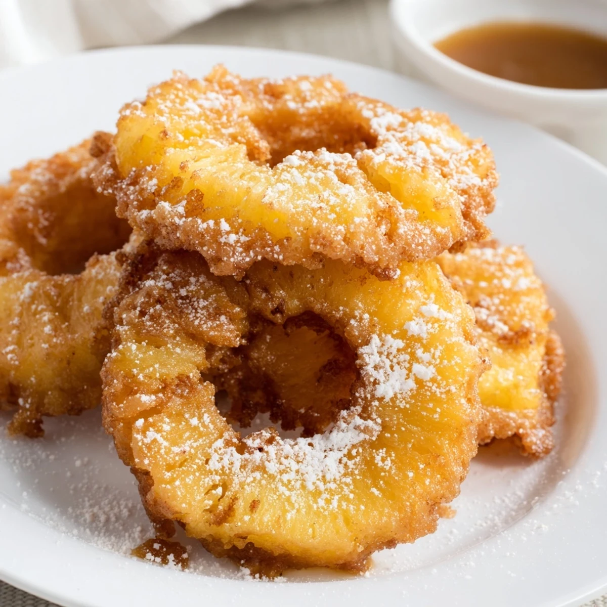 Lightly battered fried pineapple rings served alongside melting vanilla bean ice cream