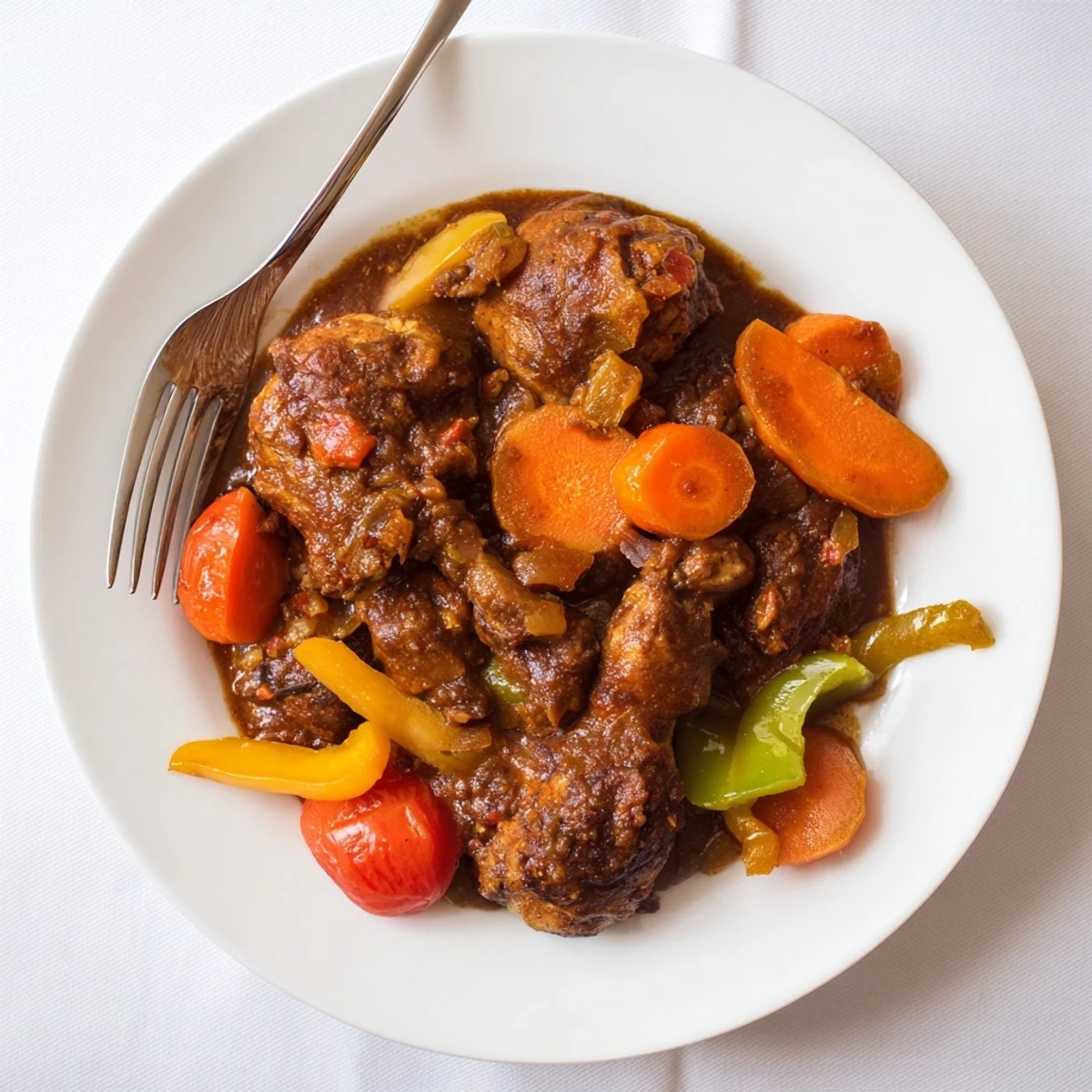 Tender Jamaican brown stew chicken simmered in rich spiced gravy with sliced bell peppers and carrots