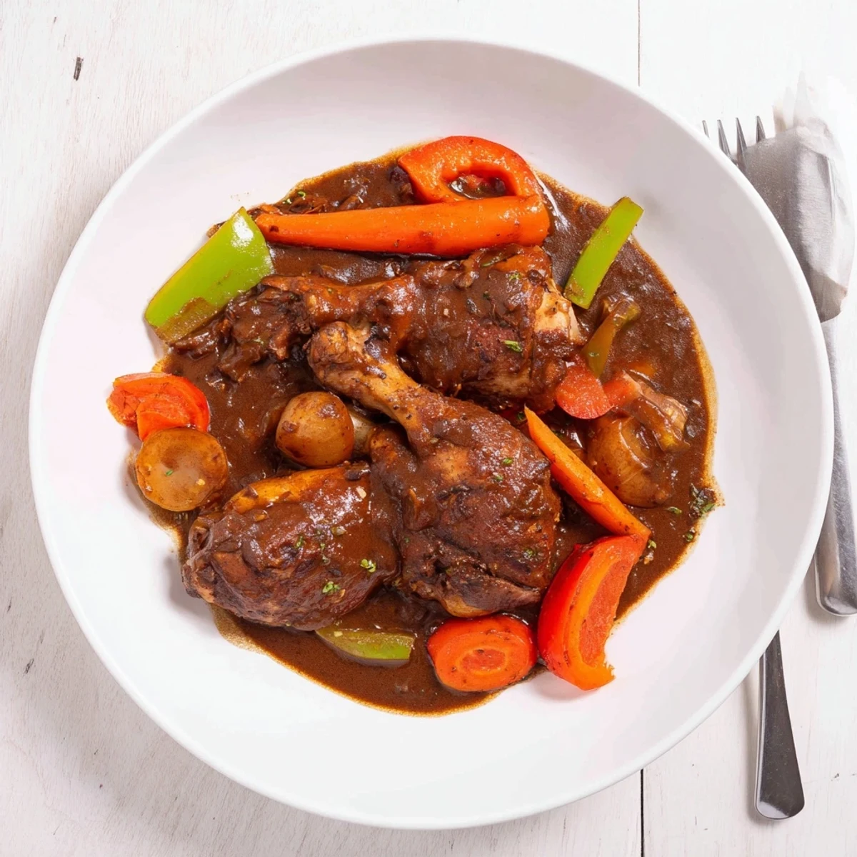 Browned Jamaican brown stew chicken nestled in a deep red tomato-based stew with colorful vegetables