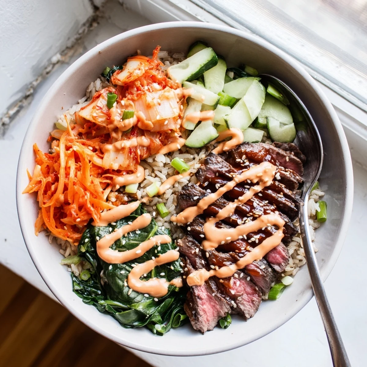 Glossy marinated steak and colorful toppings in a Korean BBQ rice bowl