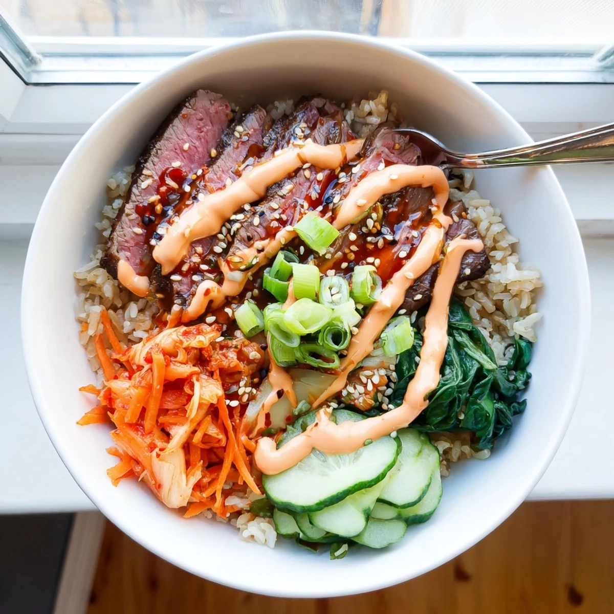 Savory sliced beef over fluffy rice with crisp veggies and kimchi