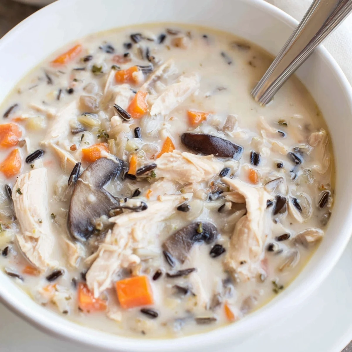 Steaming bowl of creamy slow cooker chicken mushroom wild rice soup with shredded chicken.