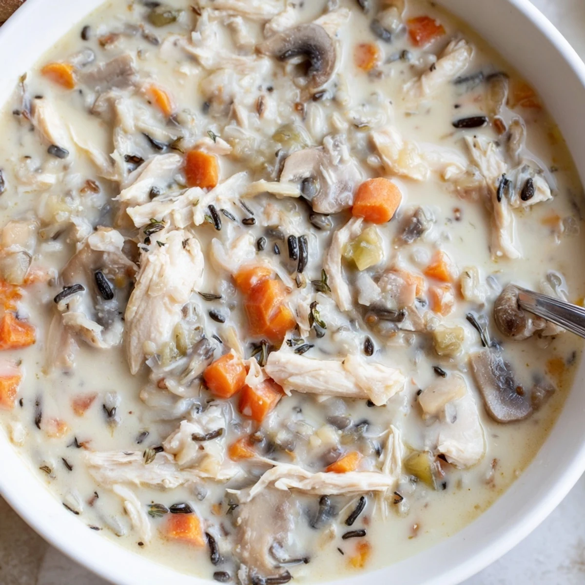 Hearty creamy slow cooker chicken mushroom wild rice soup ladled into a rustic bowl.